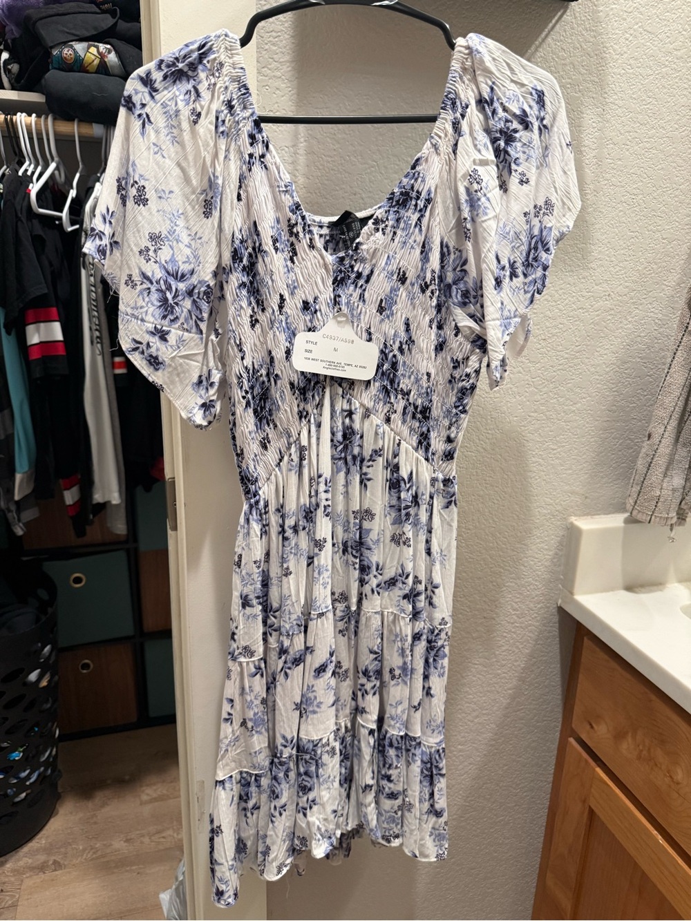 Angie White Dress with Blue Floral Print